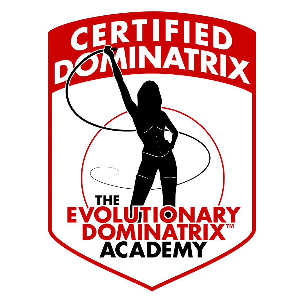 A badge with a silhouette of a woman holding a hula hoop, with text reading 'Certified DominaTrix' at the top and 'The Evolutionary DominaTrix Academy' at the bottom, featuring red, black, and white colors.