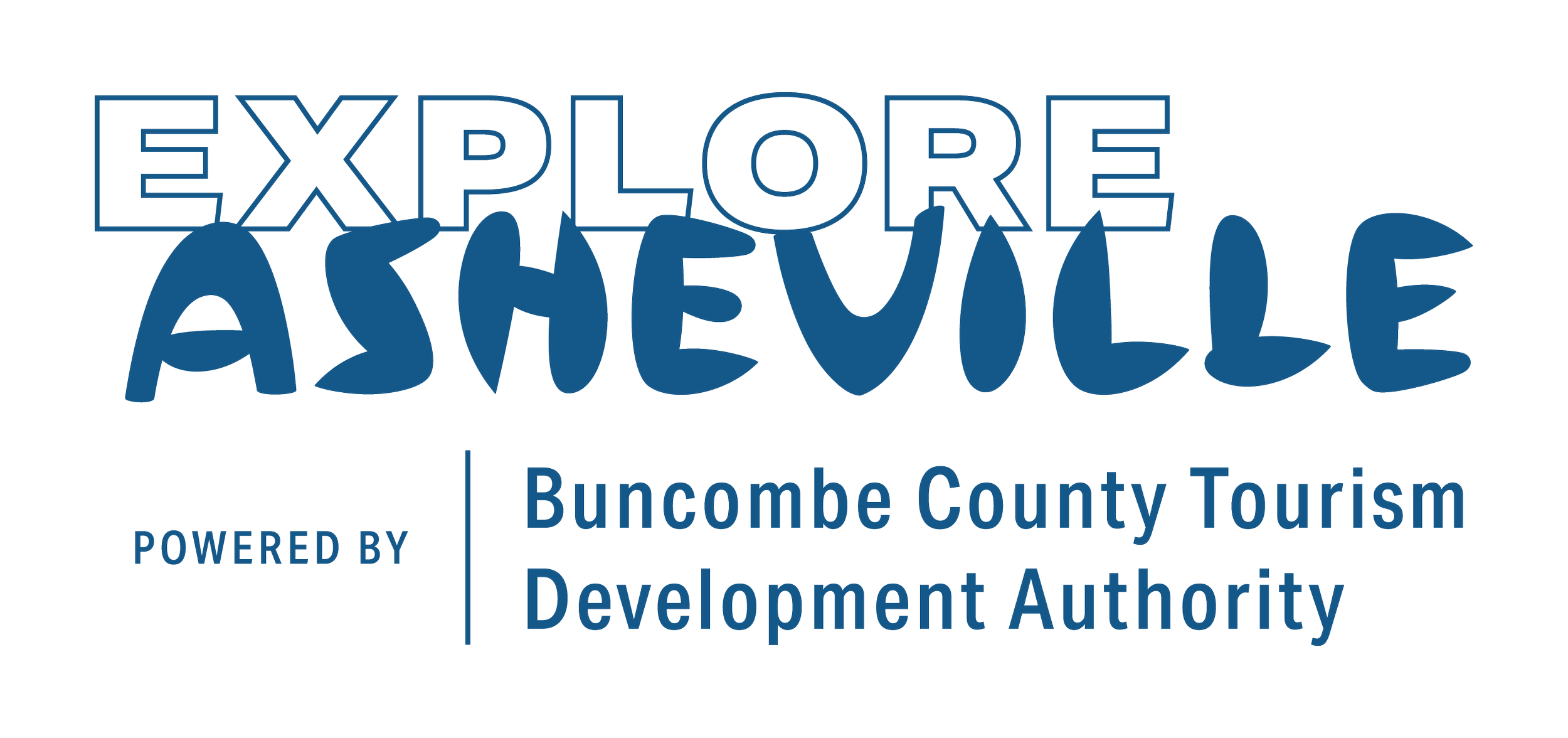 Logo for Explore Assateague, sponsored by Buncombe County Tourism Development Authority, featuring stylized text in blue with an outline style and a wavy font.