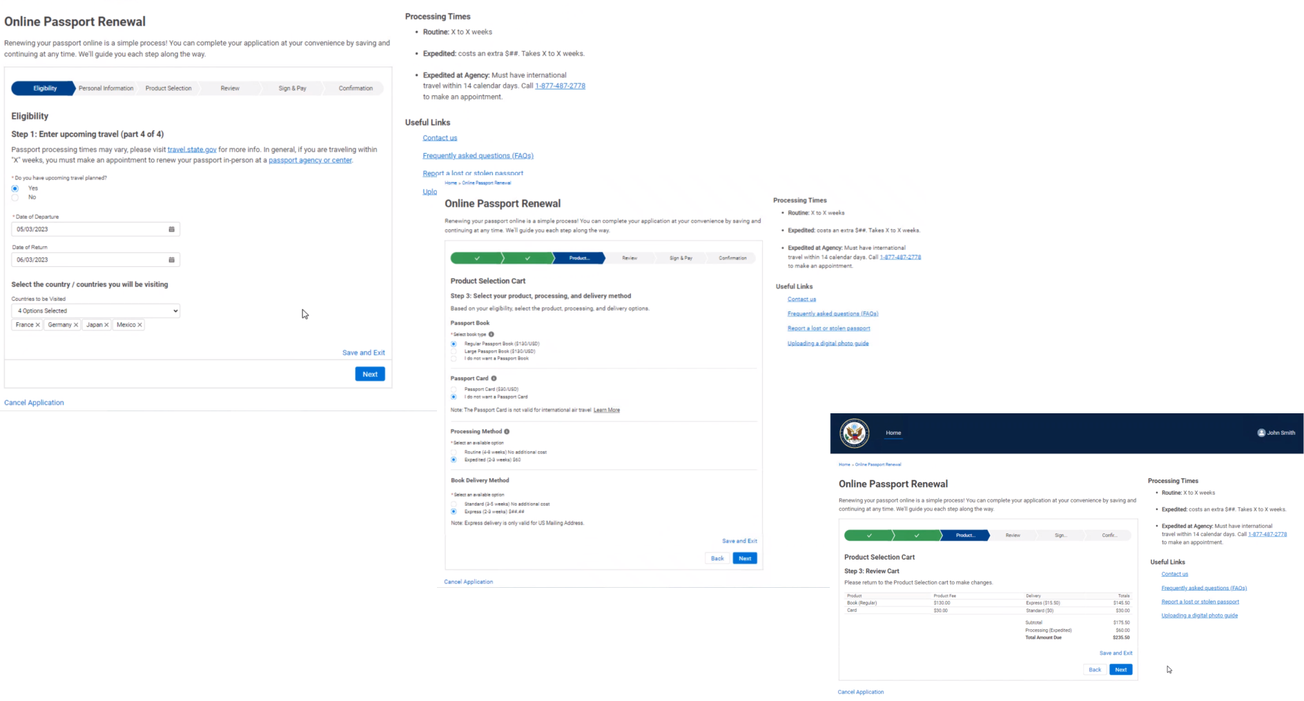 Passport flow for selecting a product and shipping.