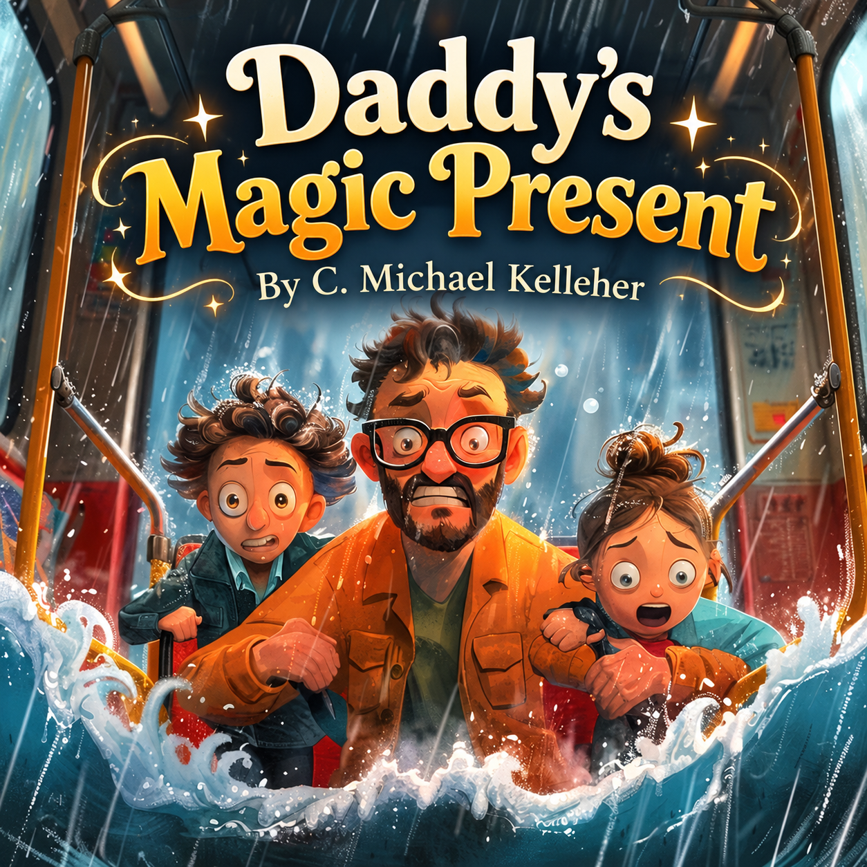 Daddy’s Magic Present provisional cover, illustrated father and two children in a dramatic water scene