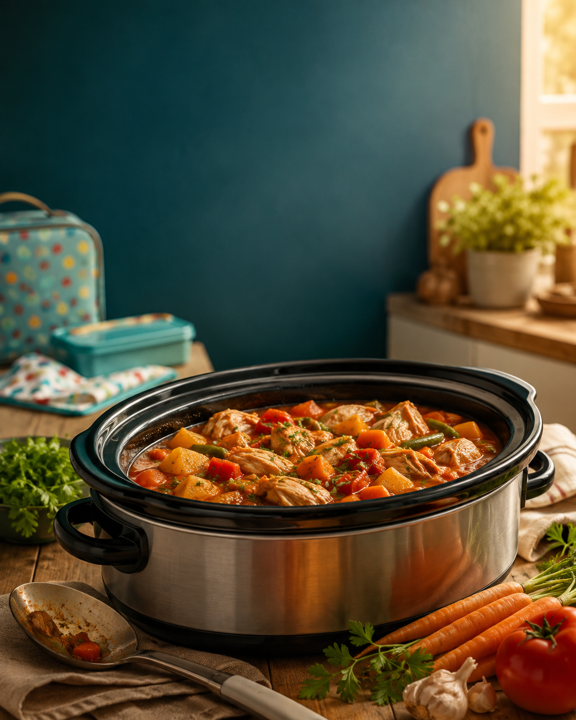 Slow cooker filled with a family meal, provisional artwork for Stress-Free Suppers