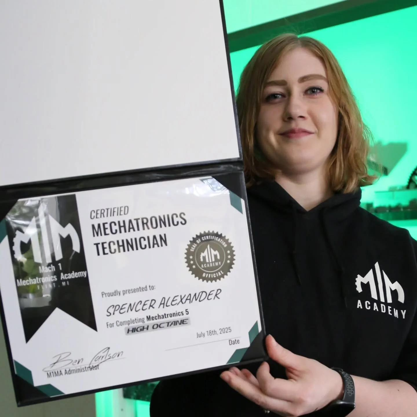 💢 CONGRATULATIONS SPENCER!! 💢
As of July 2025, Spencer Alexander is our TOP graduate. Her project build performance, high-tech aptitude, and relentless perseverance pushed her to the top - earning her our HIGH OCTANE status.

Folks, it's not easy a