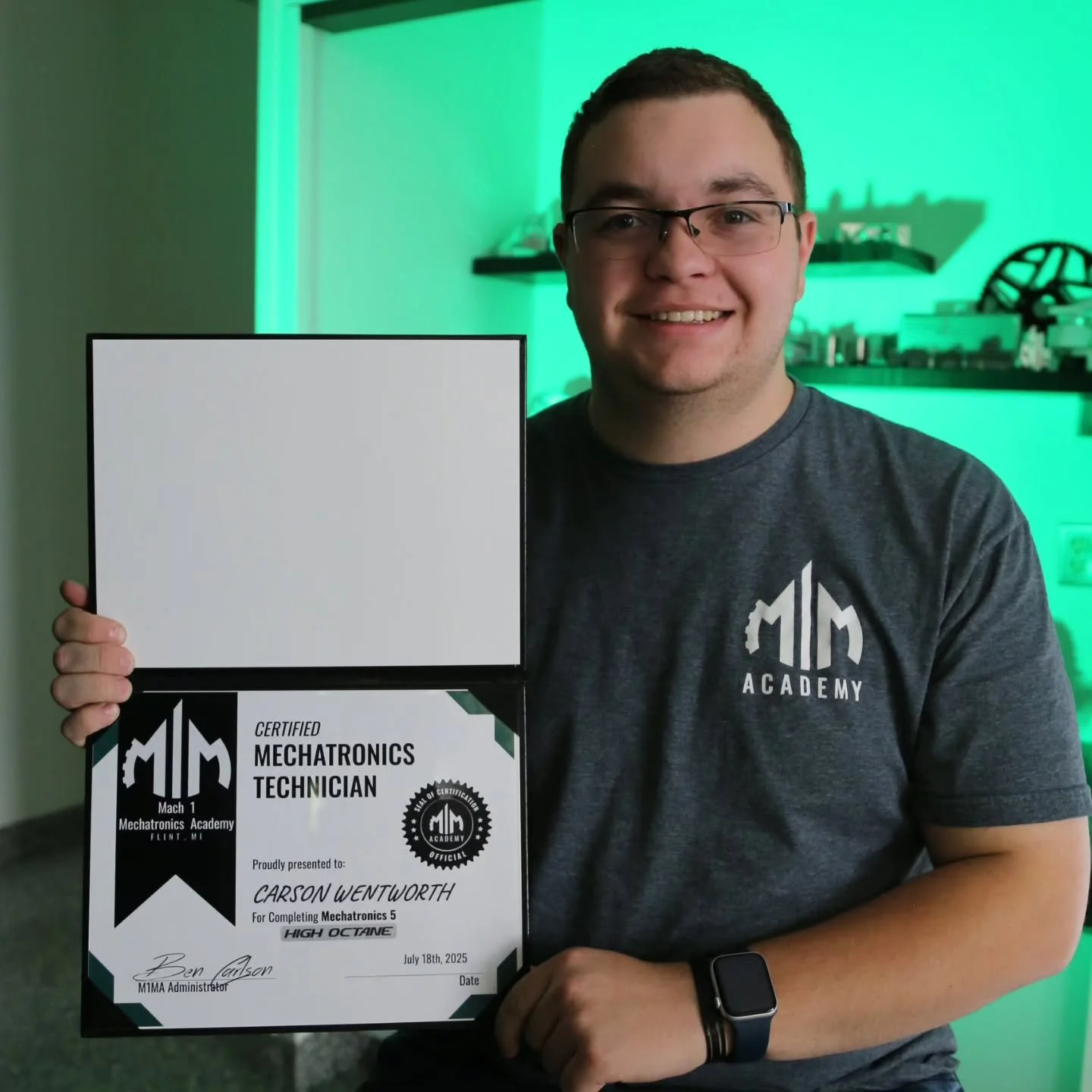 💢 CONGRATULATIONS CARSON!! 💢
Carson Wentworth came by as a summer intern, turned into a student, and achieved HIGH OCTANE status!! This status is NOT given to just anyone!

Carson came to M1MA with some middle college experience, looking for a prog