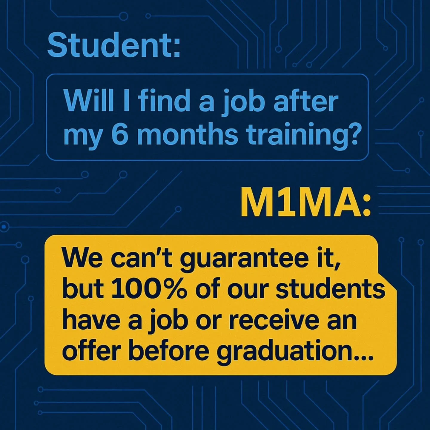 What does it mean to be accepted at Mach 1?

It means we believe in you.
It means we know you'll succeed.
It means with our guidance you'll be making real money in SIX MONTHS or less!!

Apply here:
Www.mach1mechatronics.com

#mechatronics #robotics #