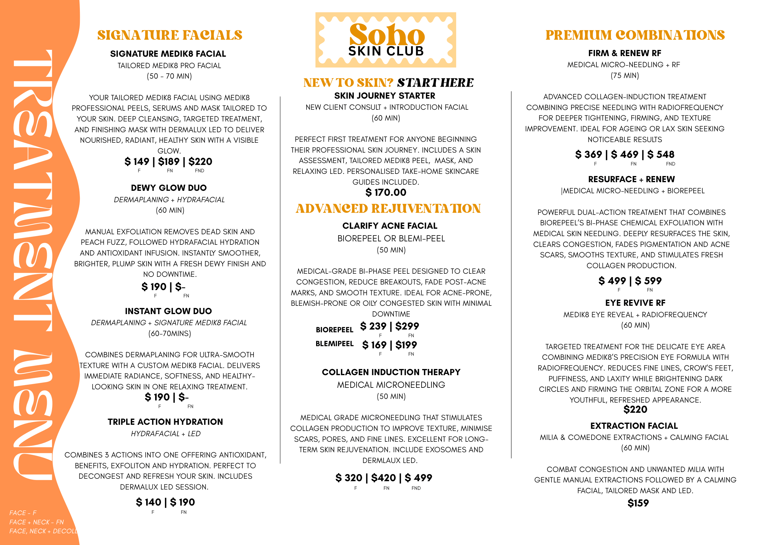 A menu from Soho Skin Club listing various facial treatments, including signature facials, starter packages for beginners, advanced rejuvenation, and premium combinations. Each listing provides the treatment name, description, duration, and pricing options.