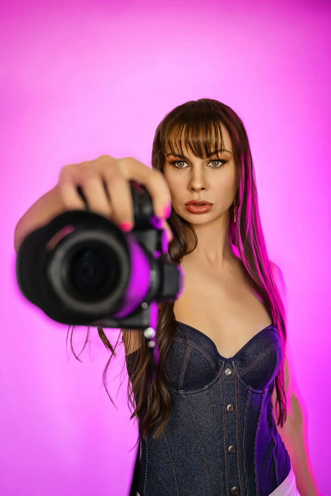 Woman with long brown hair and bangs pointing a camera directly at the viewer, with a pink gradient background.