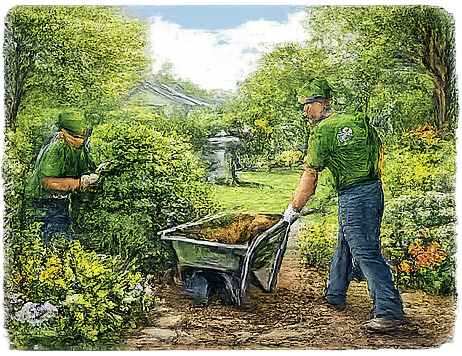 Two people gardening in a lush, green backyard, one pushing a wheelbarrow and the other tending to plants.