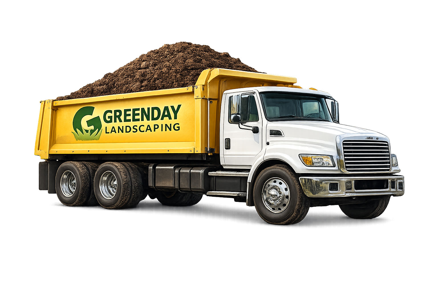 A white landscaping truck with a yellow bed marked 'Greenday Landscaping,' carrying a large load of dirt or mulch in the bed.