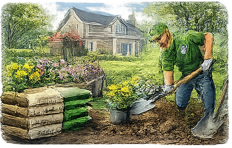 A person planting a shrub in a garden near a house, with gardening supplies nearby.