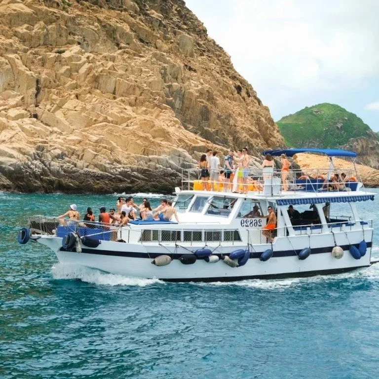 A white junk boat filled with guests cruising past the dramatic rocky cliffs and lush greenery of the Hong Kong coastline.