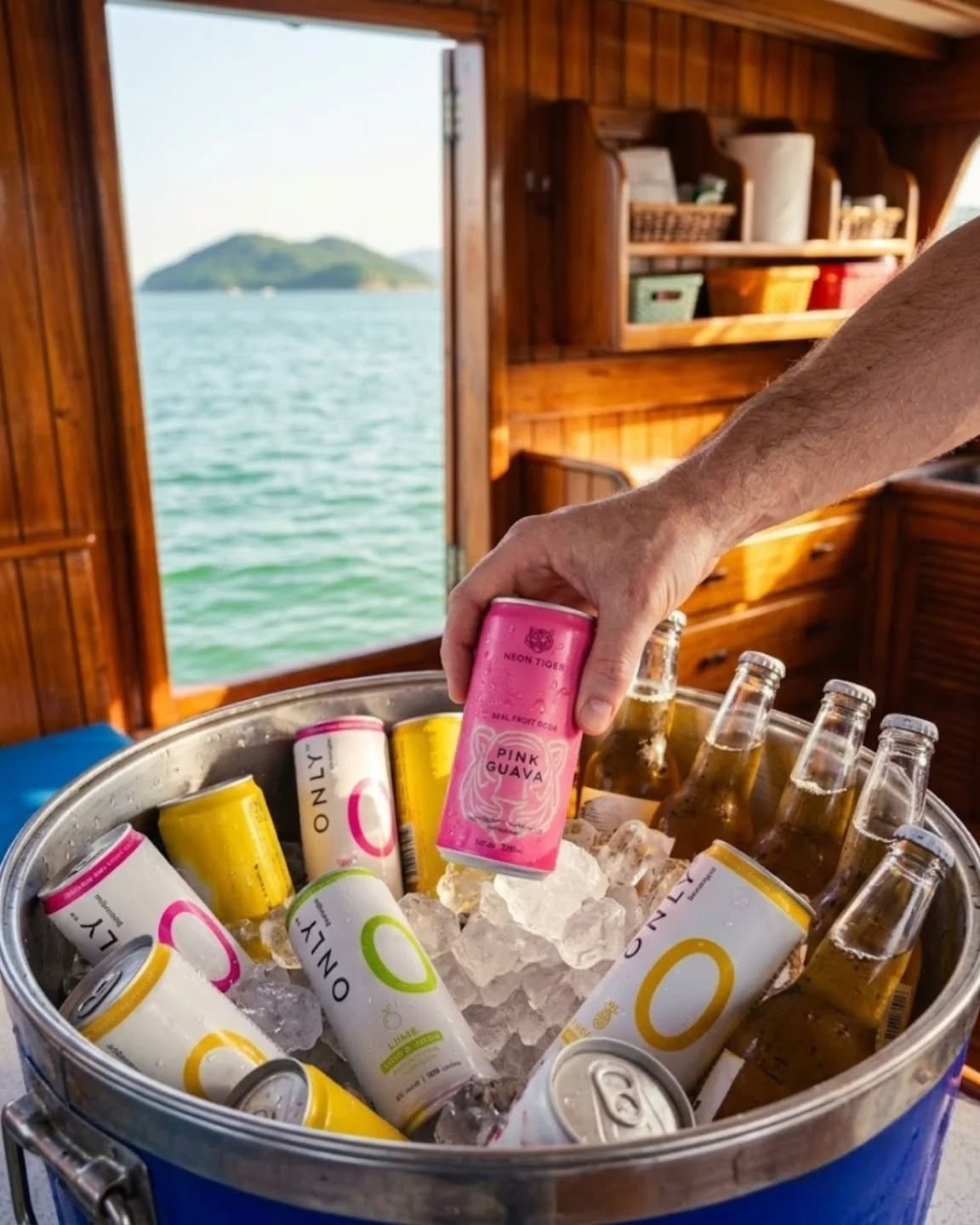 We are officially in that perfect weather window where the breeze is still going but a cold drink is completely mandatory 🧊 There is a very specific satisfaction in pulling the first can from the ice while the boat gets moving. We are sitting right 