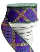 Mardi Gras Glitter Plaid Wired Taffeta Ribbon - Metallic Purple, Green & Gold