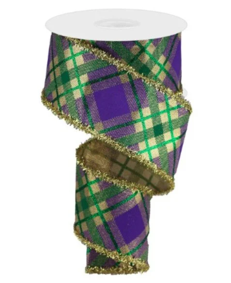 Mardi Gras Glitter Tinsel Plaid Wired Ribbon | Metallic Purple, Green & Gold