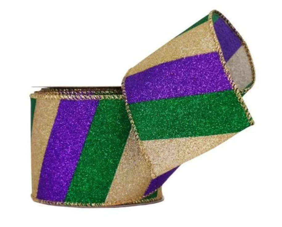 Mardi Gras Diagonal Stripes Wired Taffeta Ribbon