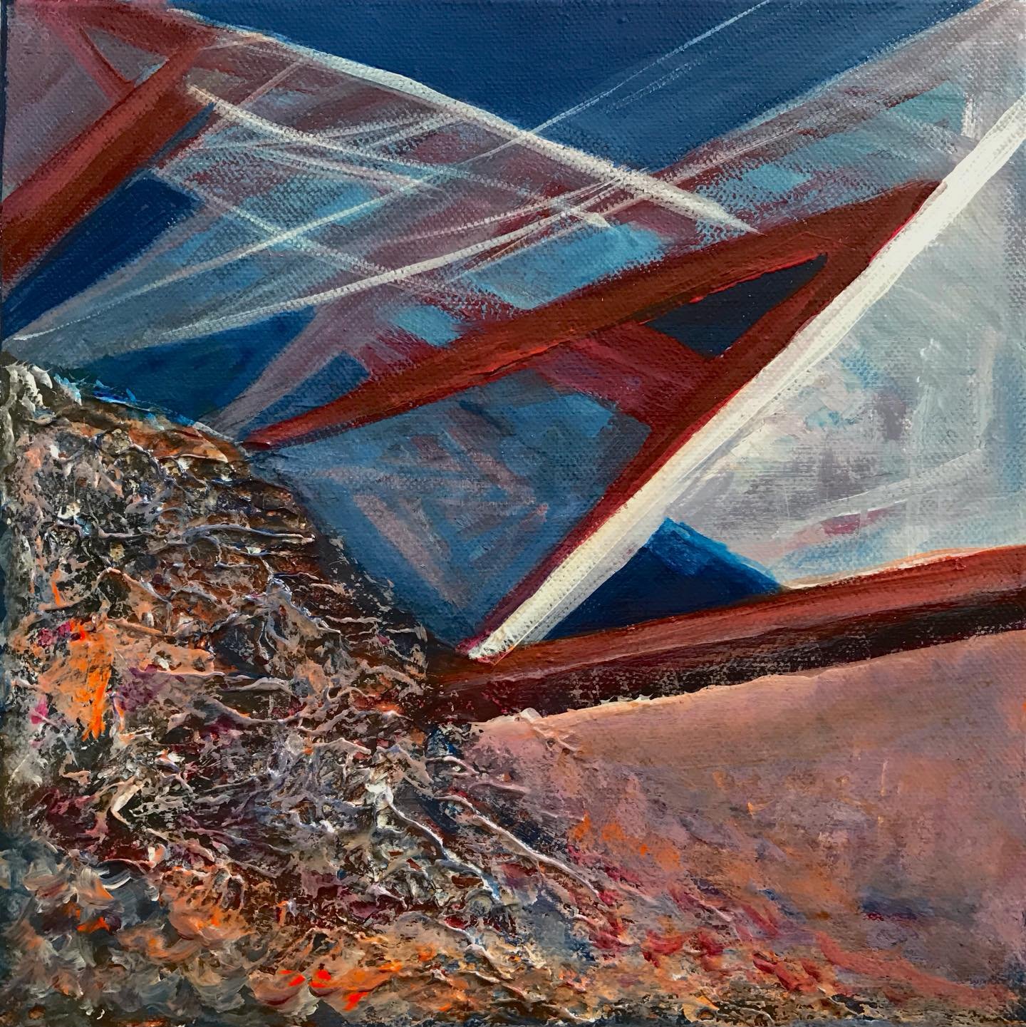 Three new small paintings, all in the same palette  of Prussian blue, magenta, with touches of sienna, orange, and white - entitled left to right Diametrically Opposed, The Circulatory System and Wellspring. Two more are nearly finished.

#abstractpa