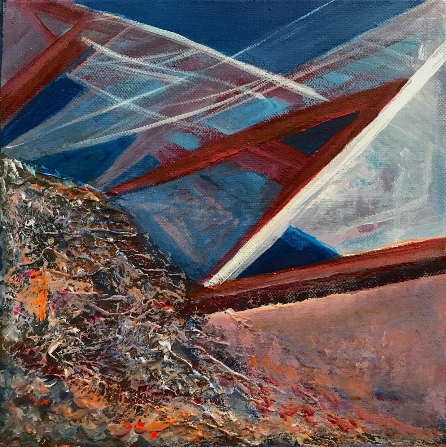 Three new small paintings, all in the same palette  of Prussian blue, magenta, with touches of sienna, orange, and white - entitled left to right Diametrically Opposed, The Circulatory System and Wellspring. Two more are nearly finished.

#abstractpa