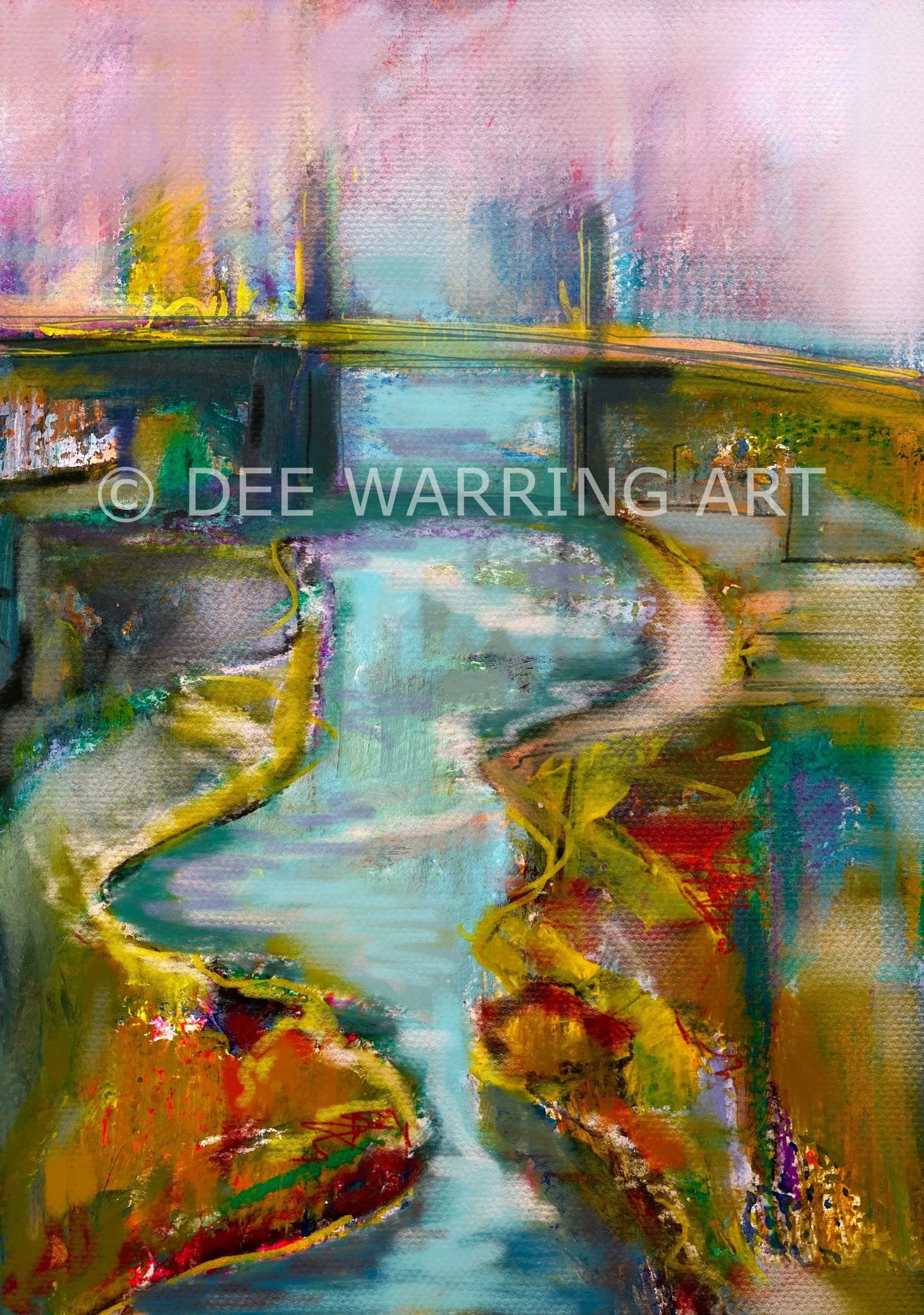 A vibrant textured digital art print of a an imaginary  landscape by NZ artist Dee Warring.