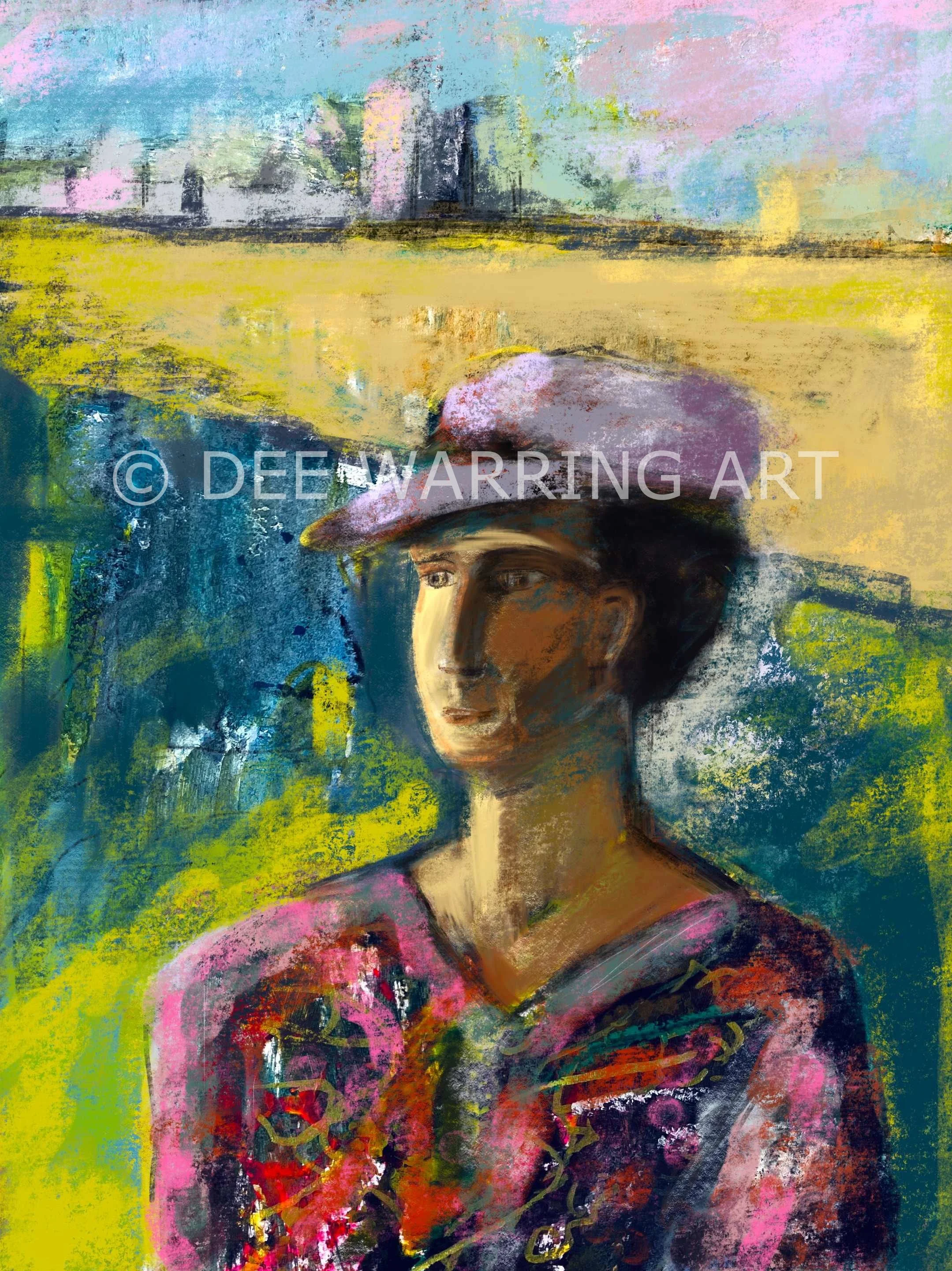 A vibrant textured digital art print of a woman in pink in an imagined landscape by NZ artist Dee Warring