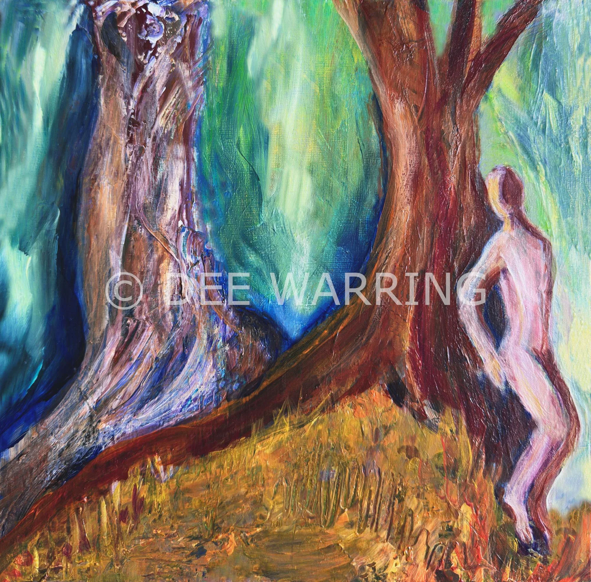 A surreal painting of a figure hiding in a garden