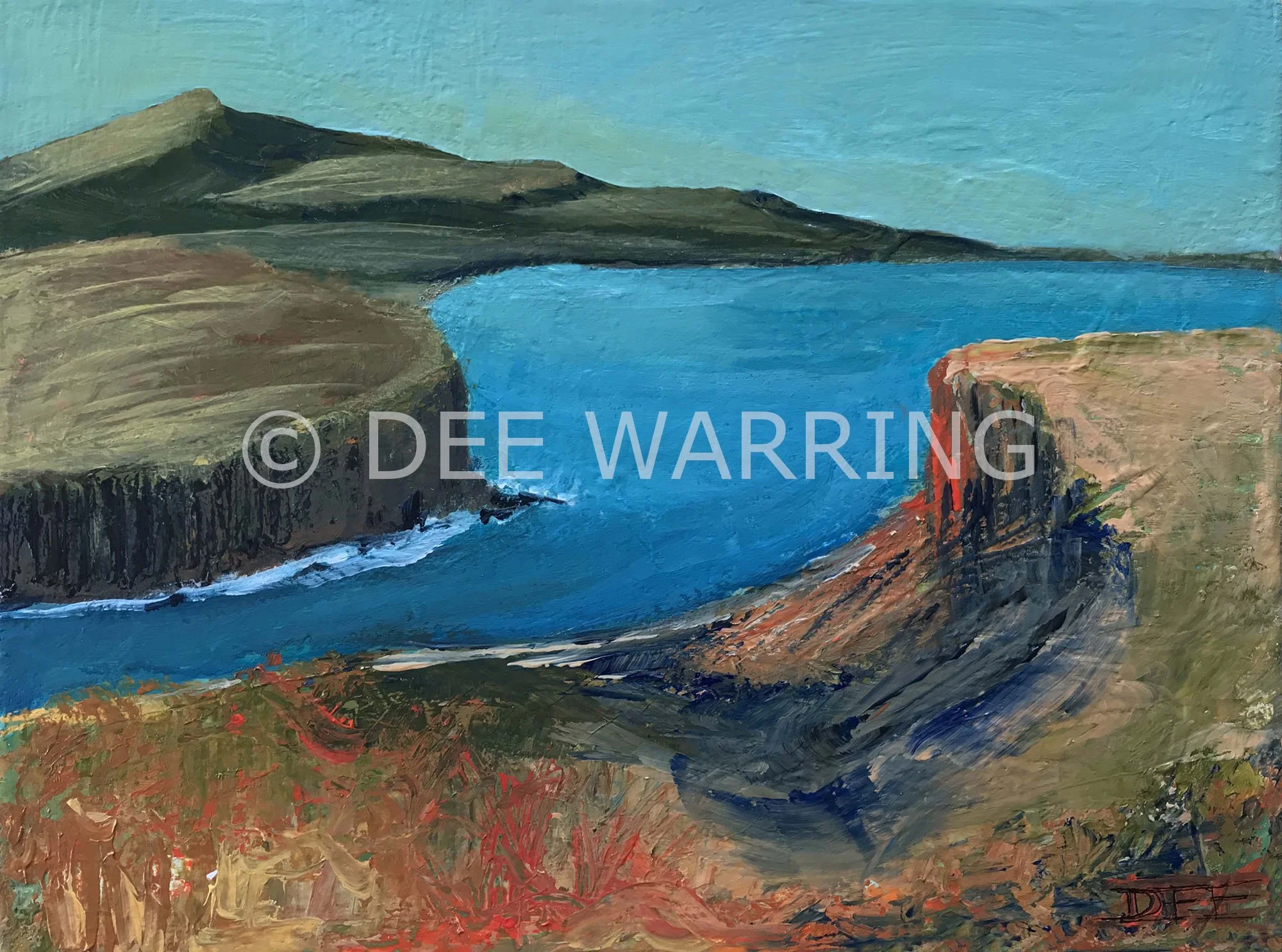 a landscape painting of orange cliffs and olive hills