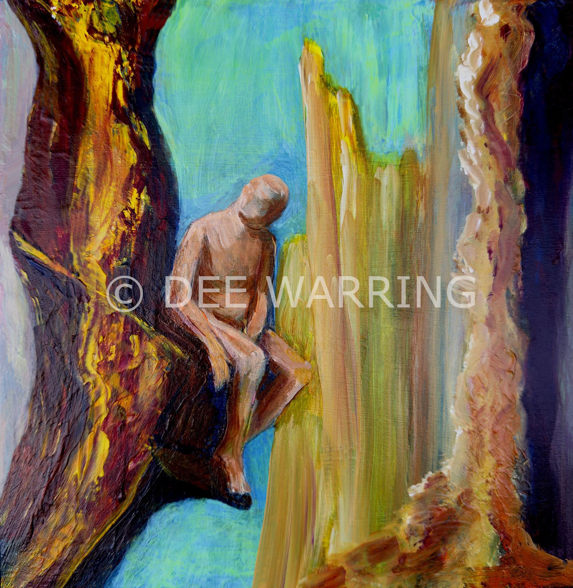 A painting of a naked figure perched in a gnarled tree