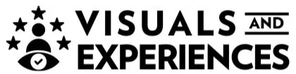 Logo with the words 'VISUALS AND EXPERIENCES' and an eye icon with stars around it.