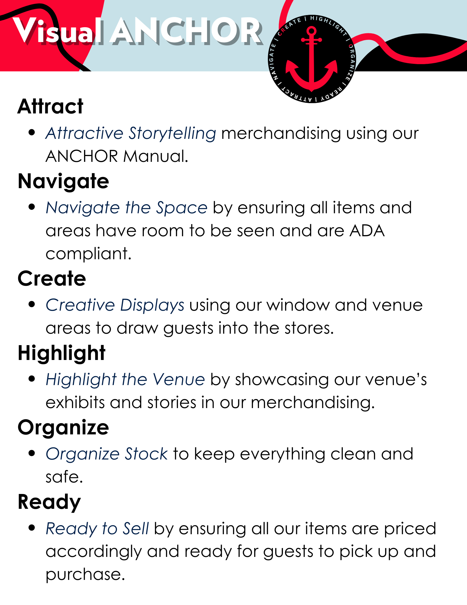 A colorful guide with tips on merchandising, navigating, creating displays, highlighting venues, organizing stock, and preparing for sales.