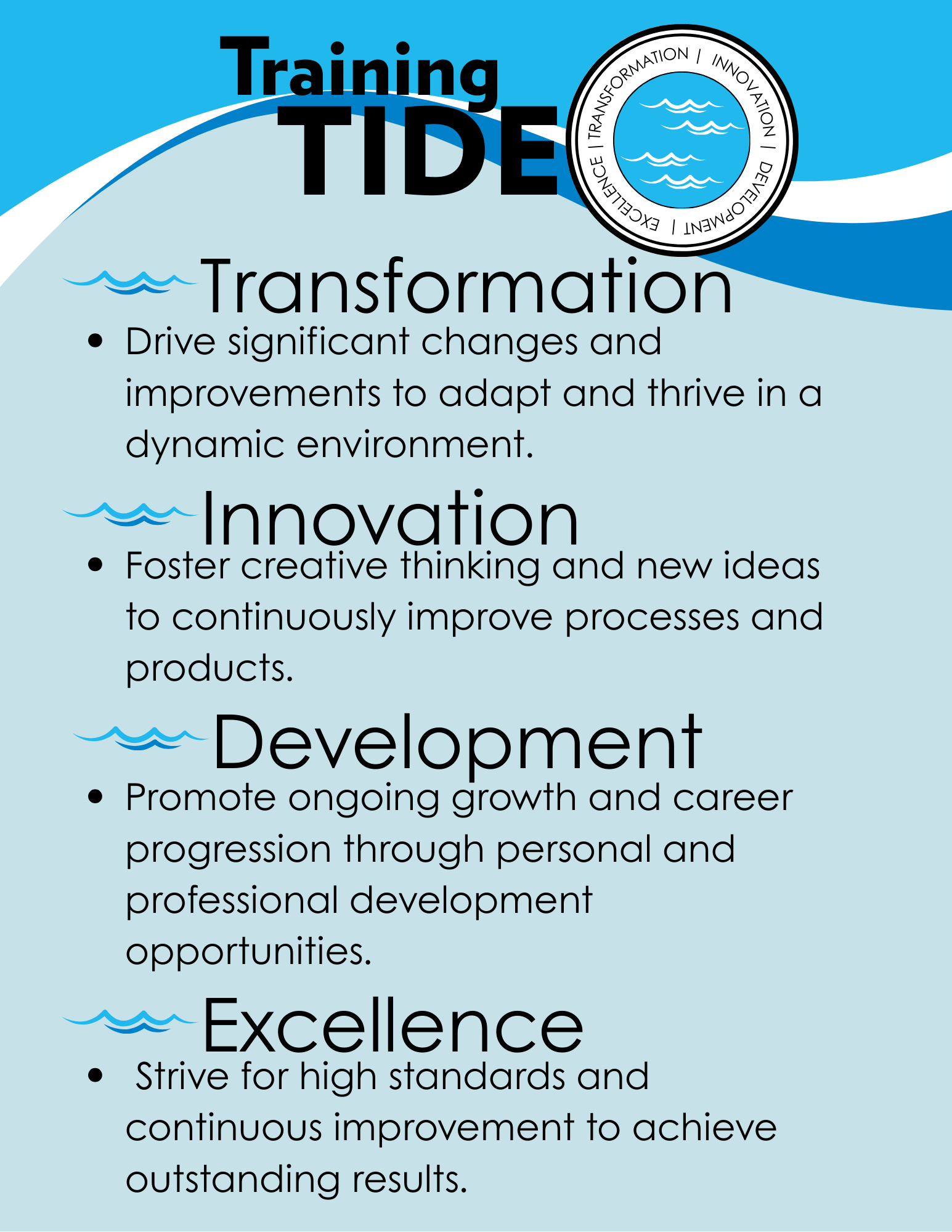 A colorful infographic outlining key principles of training, including Transformation, Innovation, Development, and Excellence, with text describing each concept.