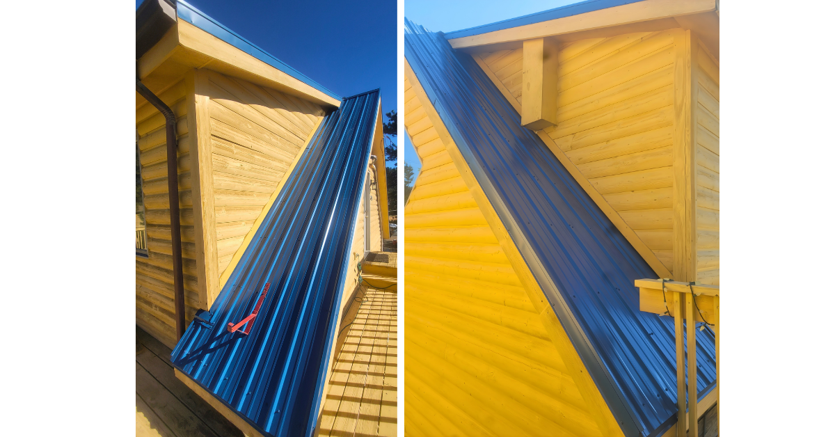 Metal roofing panels installed along roof edge for improved durability.