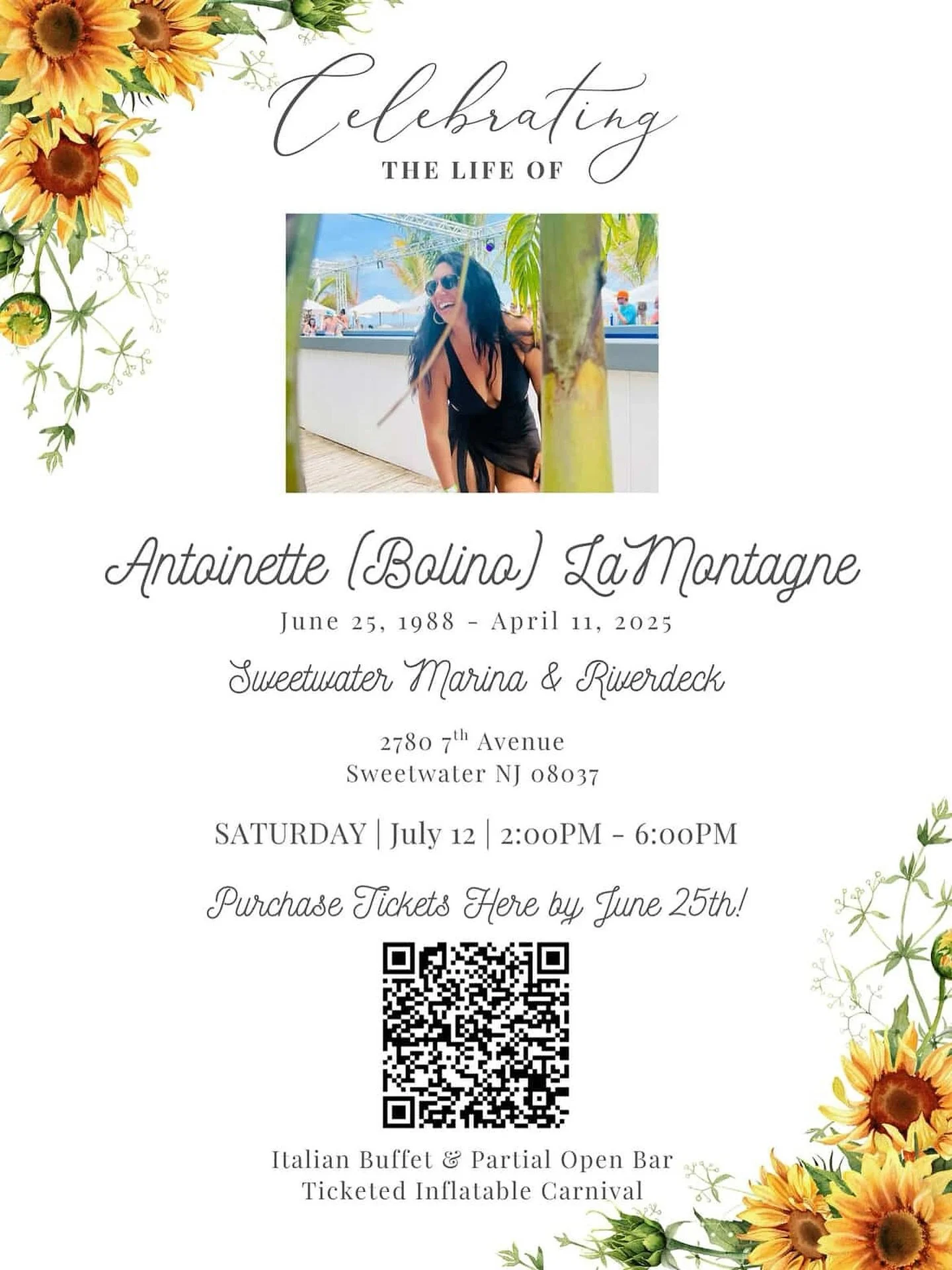 A beautiful Celebration of Life for @toni_bolino will be held at @sweetwatermarina and Riverdeck.

Huge thank you to @sblair.86 for all of your hard work  organizing this event ❤️

We&rsquo;re gonna celebrate Toni&rsquo;s memory the way she would&rsq