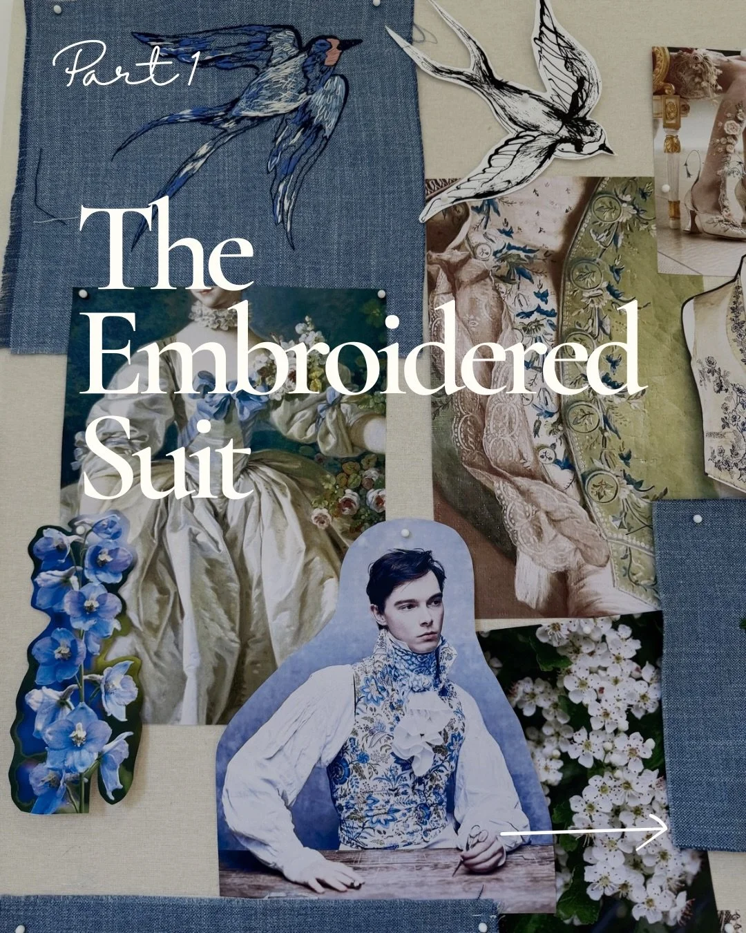 I am embroidering the panels for my fianc&eacute;&rsquo;s Wedding Suit in collaboration with Parisian Tailor, Ma&icirc;tre Djay @djay.paris 

The moodboard draws from the decorative language of the Edwardian and Renaissance Fashion. 

Swallows in fli