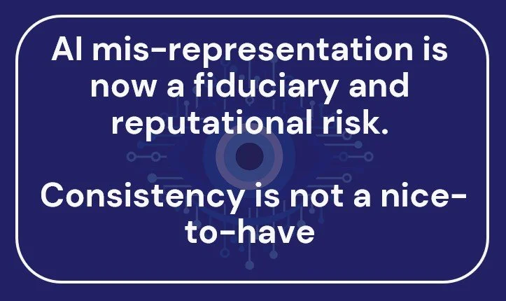 Text on blue background reads: 'AI mis-representation is now a fiduciary and reputational risk. Consistency is not a nice-to-have'