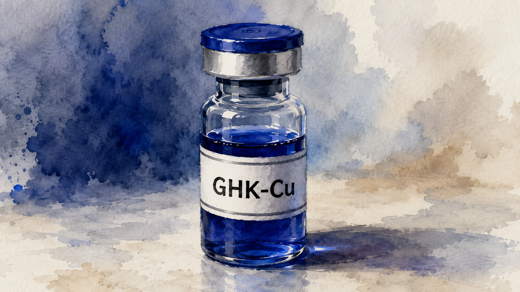 GHK-Cu Copper Peptide vial representing skin, collagen, hair growth, tissue repair, and healthy-aging research