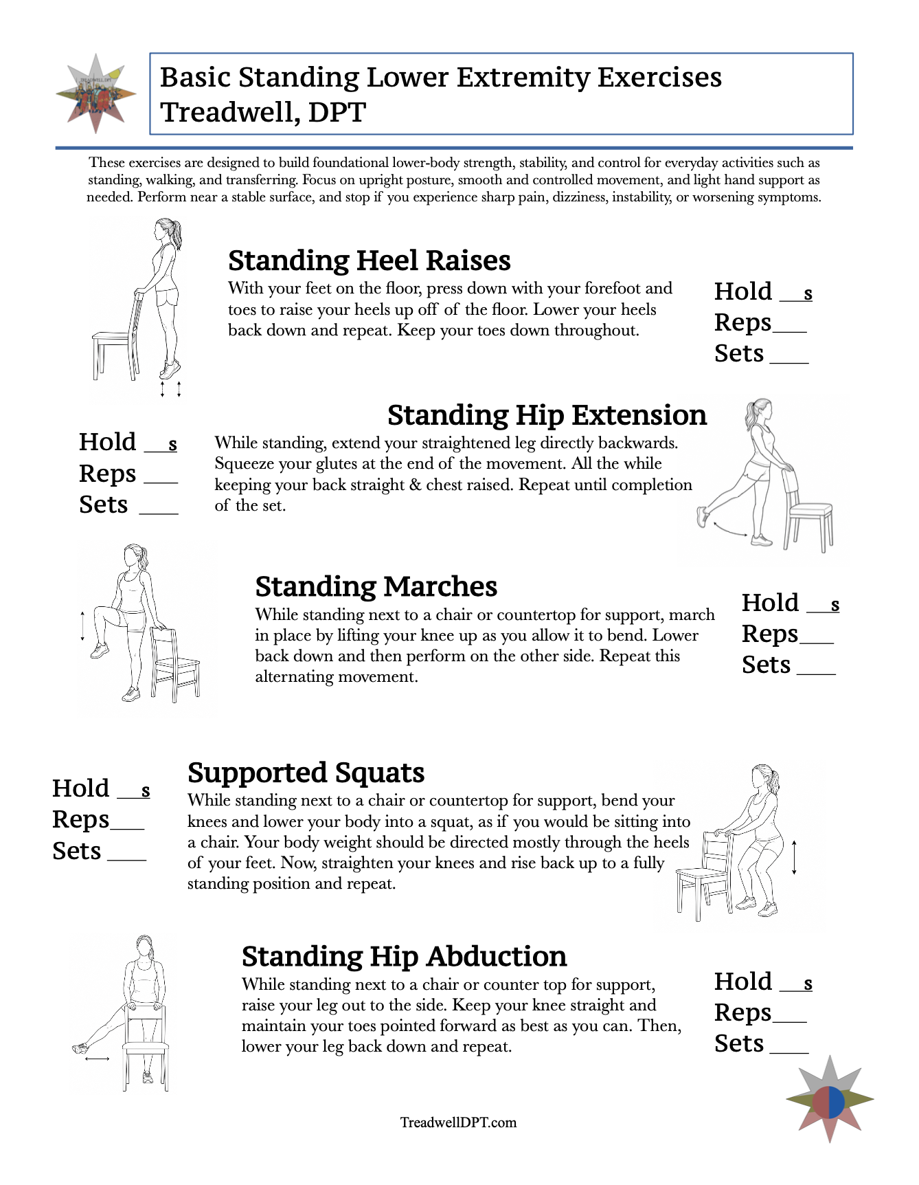 A Home Exercise Program covering Basic Standing Lower Extremity Exercises, created by Austin Treadwell, DPT of Minneapolis, MN