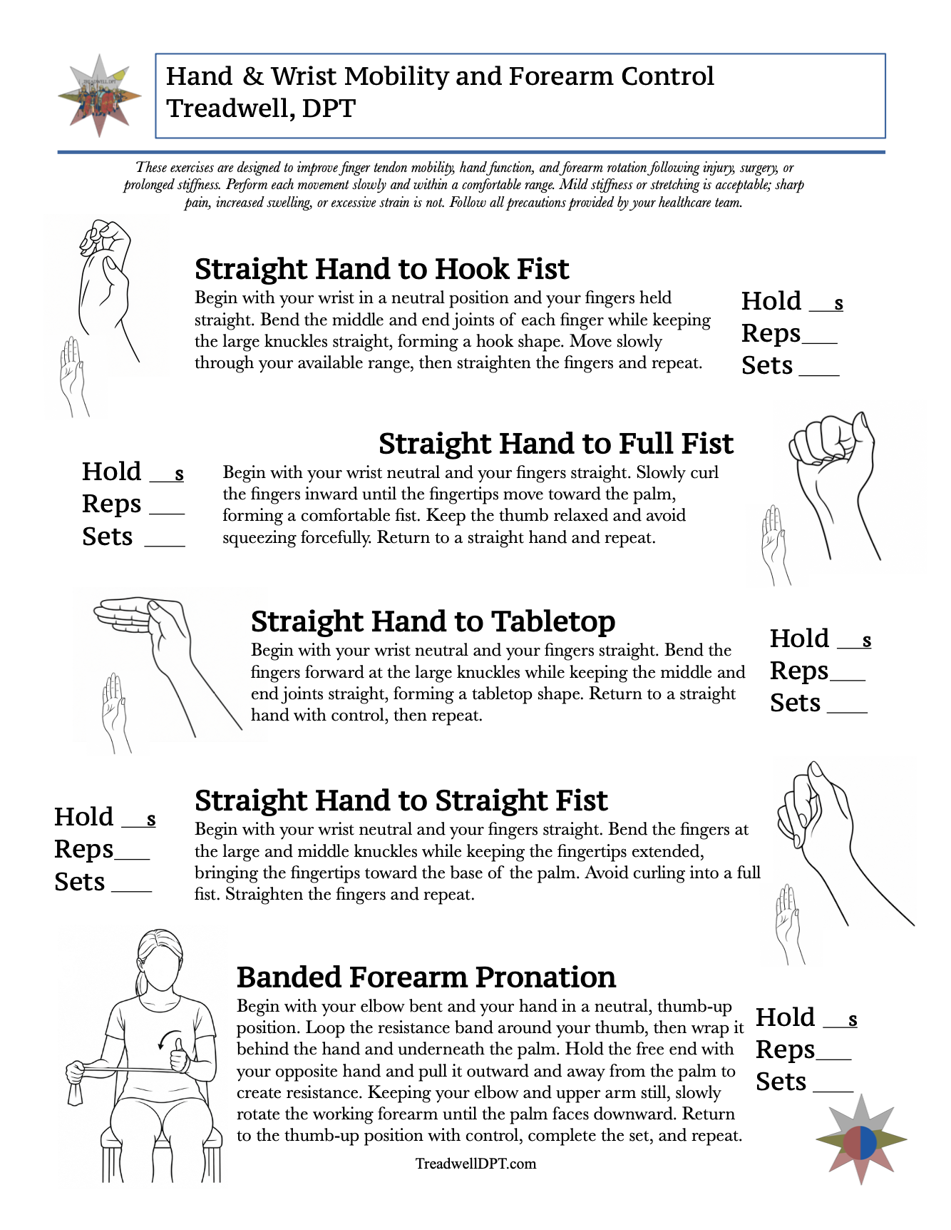 A Hand, Wrist, and Finger Range of Motion (ROM) Home exercise program created by Austin Treadwell, DPT out of Minneapolis, Minnesota. The HEP includes Tendon Glides, Straight Hand, Hook Fist, Full Fist, Tabletop Hand, and Straight Fist.