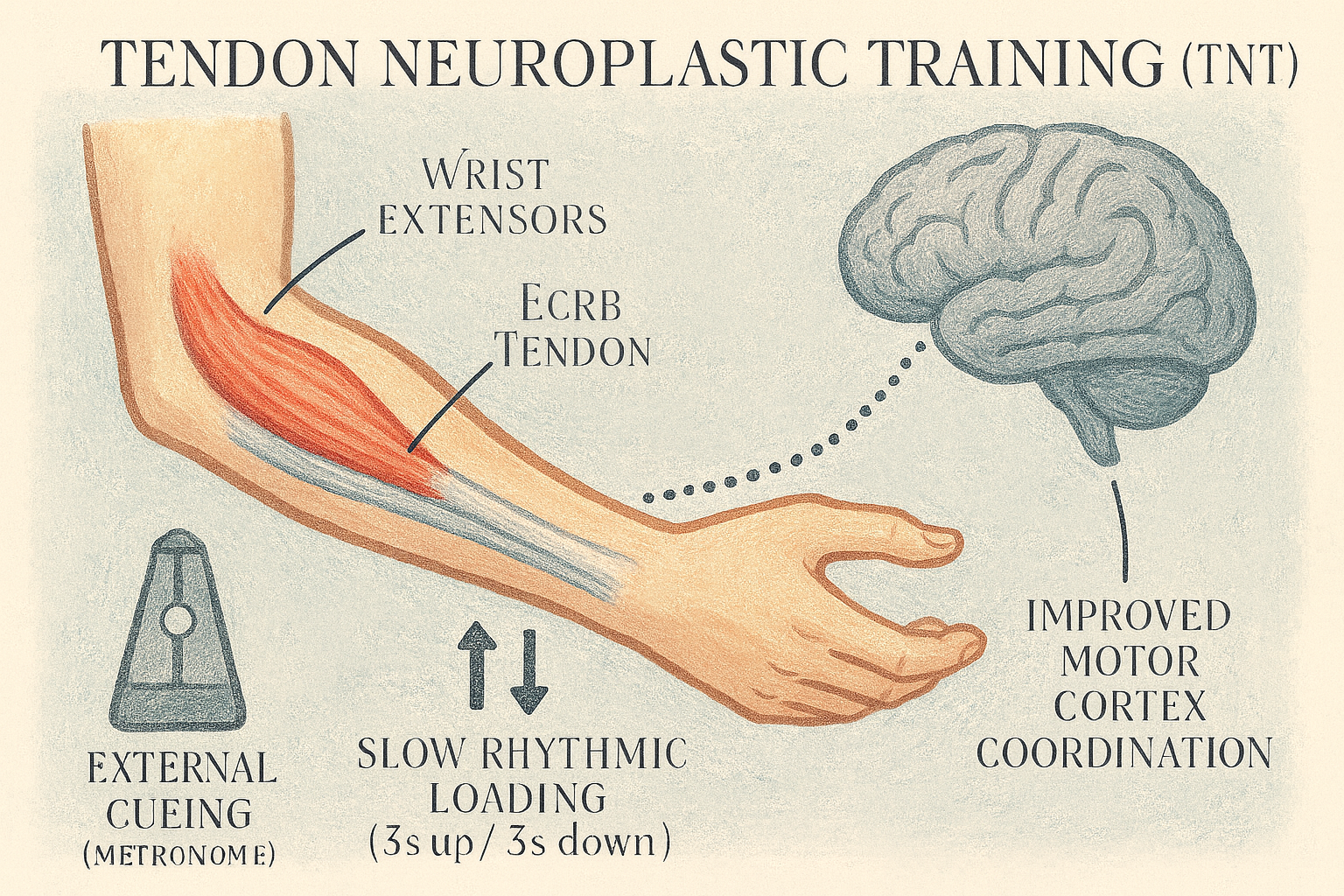 Diagram illustrating Tendon Neuroplastic Training (TNT) for the extensor carpi radialis brevis (ECRB), showing wrist extensor muscles, slow rhythmic loading with a metronome, and improved motor cortex coordination.