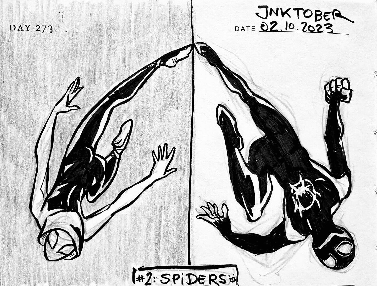 Inaktober #2: Spiders. 😛 Spider-Man and Spider-Gwen. I love Into the Spider-verse 🕷️🖤 The story, the art style, the animation, the genius animation poses, the music&hellip; Do you love it, too? 😍

#inktober #inktober2023 #spiders #inktoberspiders