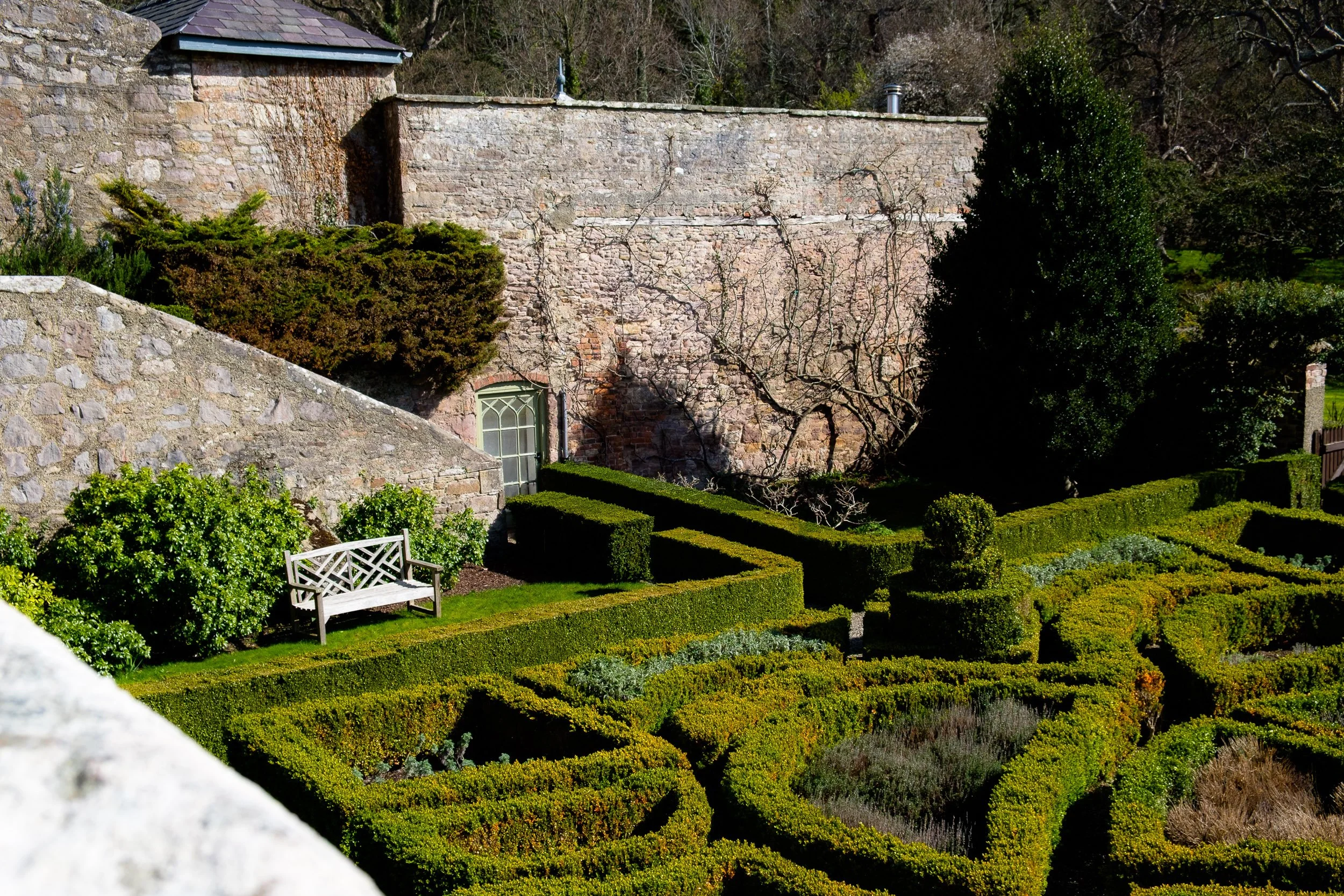 A garden with neatly trimmed hedges, bushes, and trees, featuring a white bench placed among the greenery, with a stone wall and a building with a window in the background.