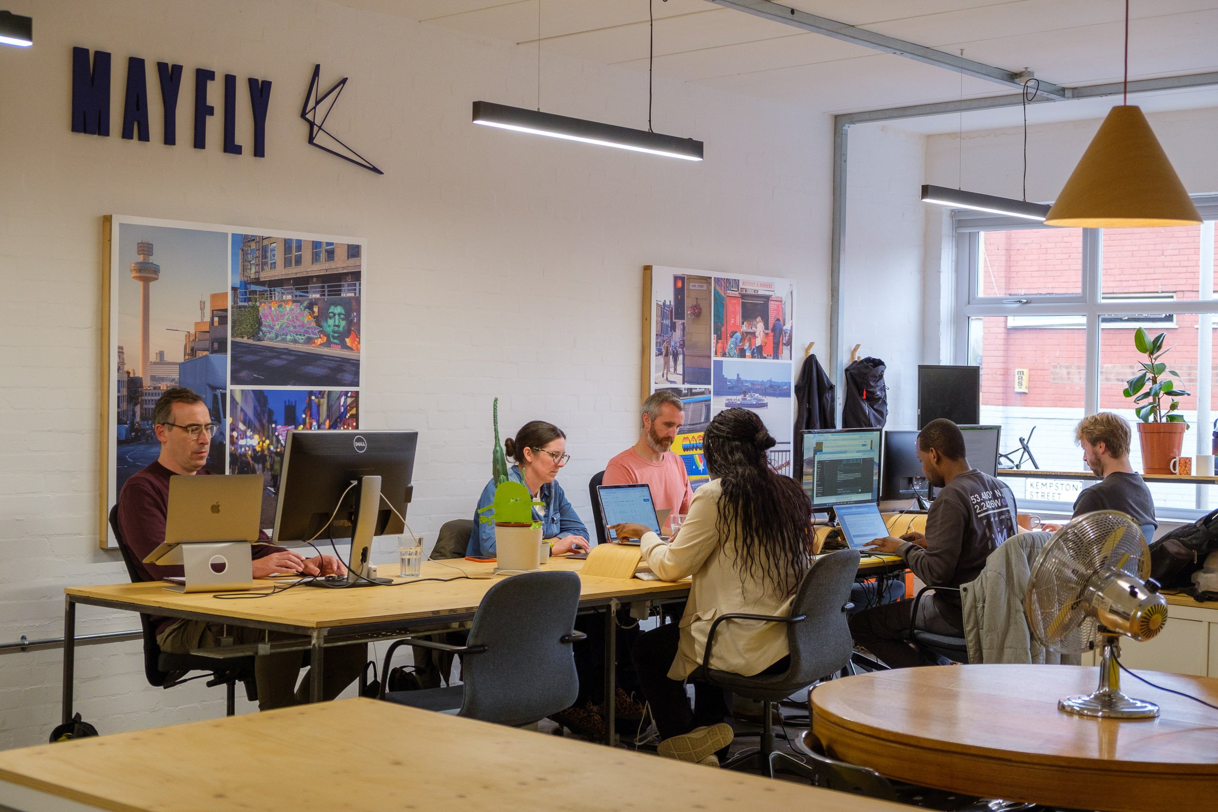 A group of six people working at computers in a modern open-concept office with large windows, artwork on the white brick wall, and a sign that reads 'MAYFLY' with a stylized paper airplane logo.