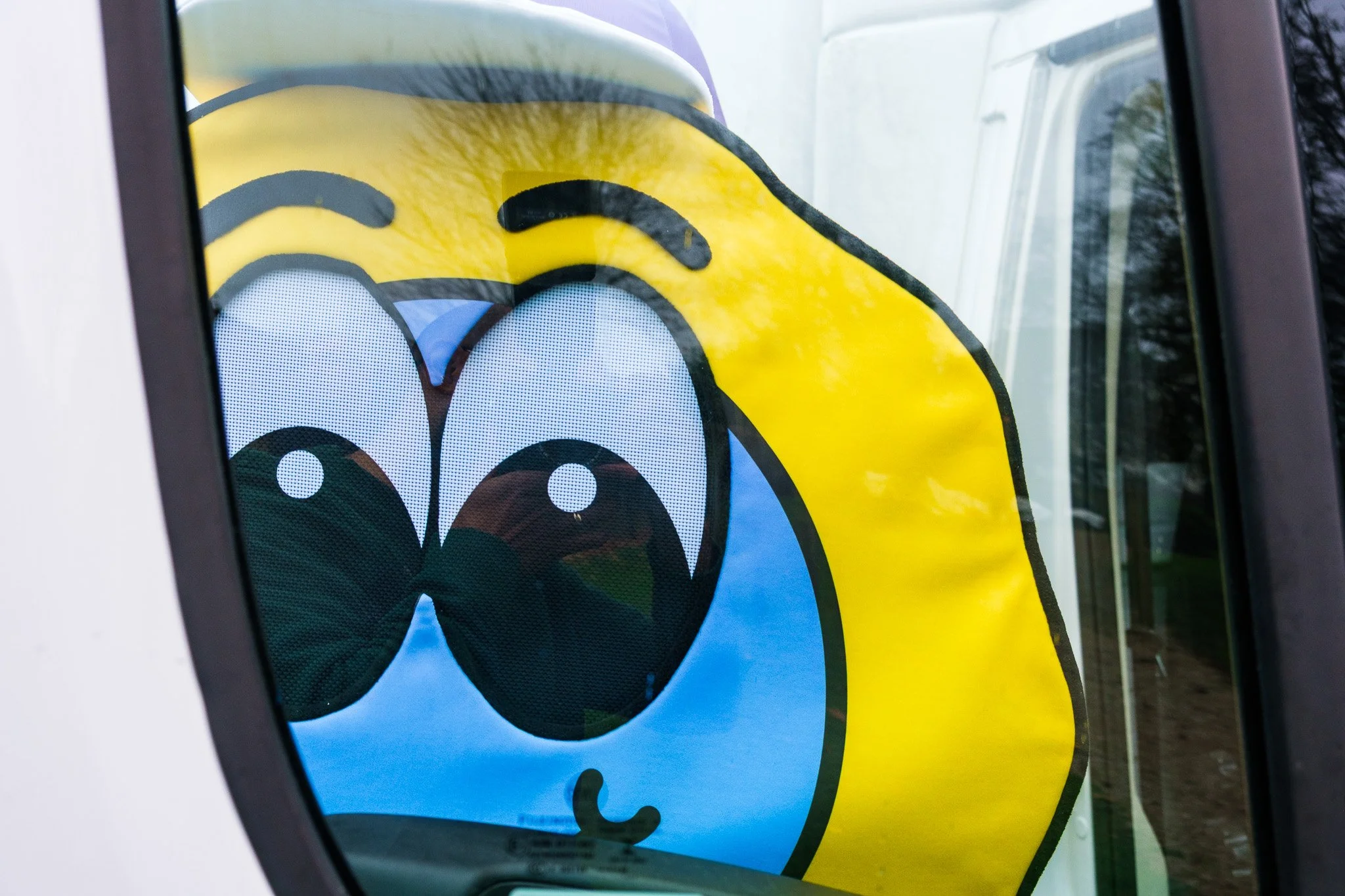 A cartoon-style penguin face with big eyes and a yellow hood, seen through a vehicle window.