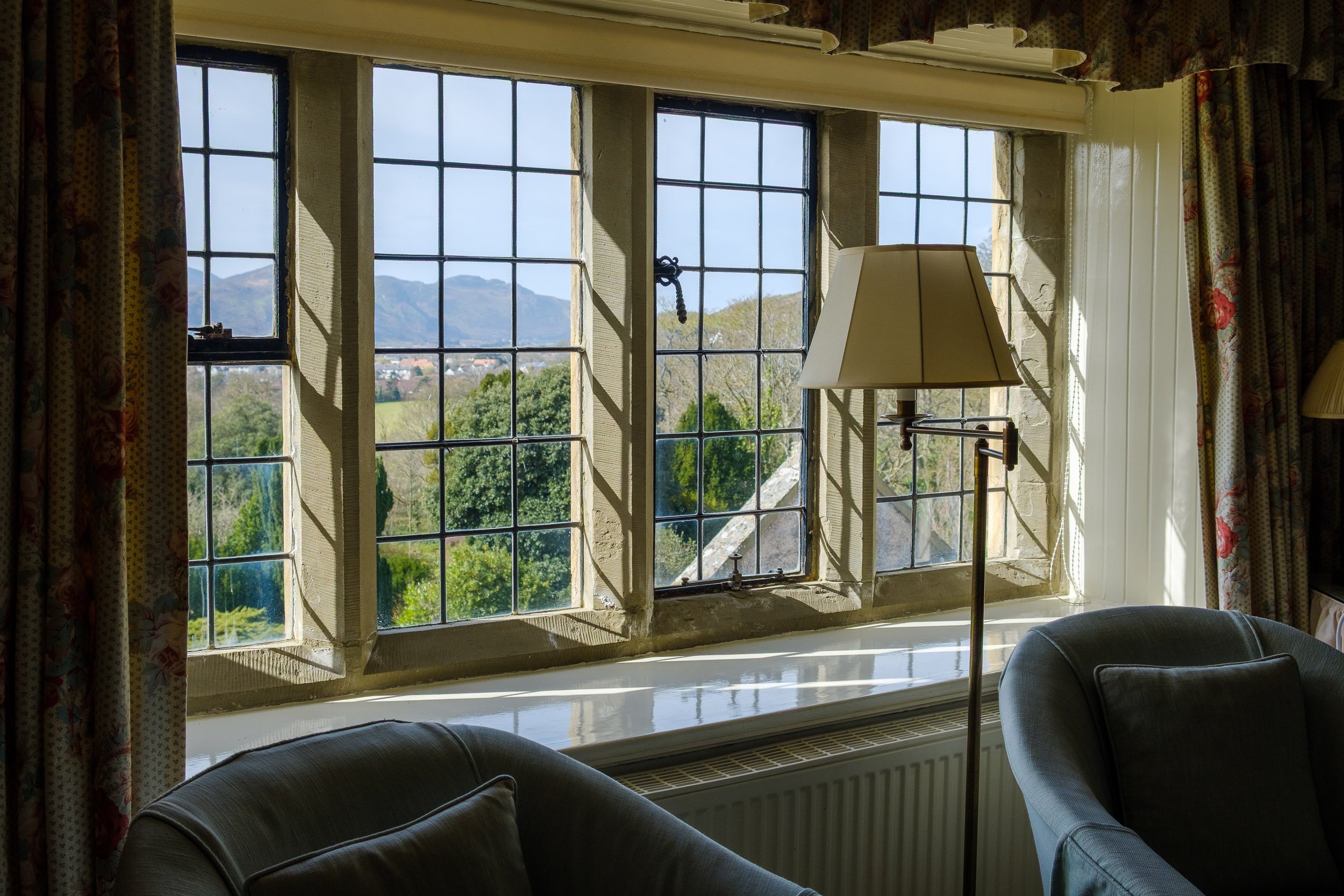 A room with a large window showing a scenic view of mountains and trees outside. The window has metal grid panes, and the room features a floor lamp with a beige shade and part of a cushioned armchair.
