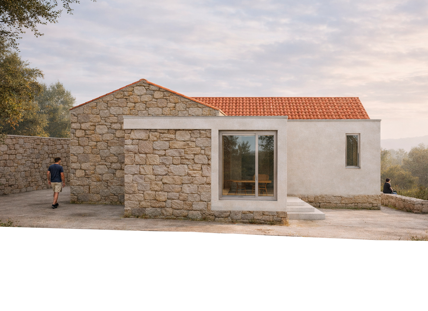 Fachada de vivienda tradicional rehabilitada en Pedornes, Oia (Galicia), con muros de mampostería de piedra recuperados, cubierta inclinada de teja y ampliación contemporánea integrada en el entorno rural.