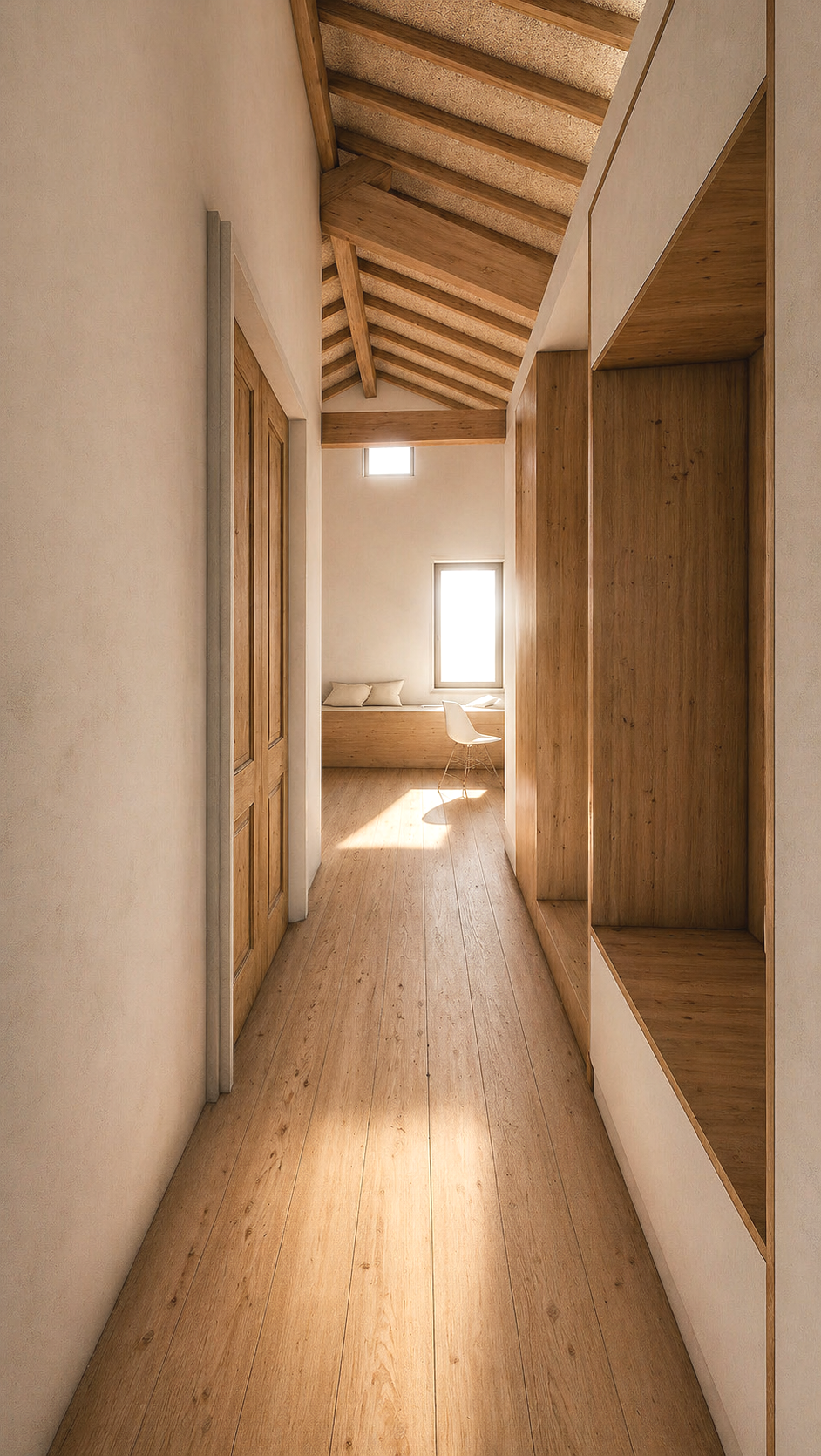 Detalle interior de vivienda rehabilitada en A Guarda (Galicia), con carpinterías y revestimientos en madera que destacan el trabajo de un estudio de arquitectura especializado en rehabilitación y construcción en madera.