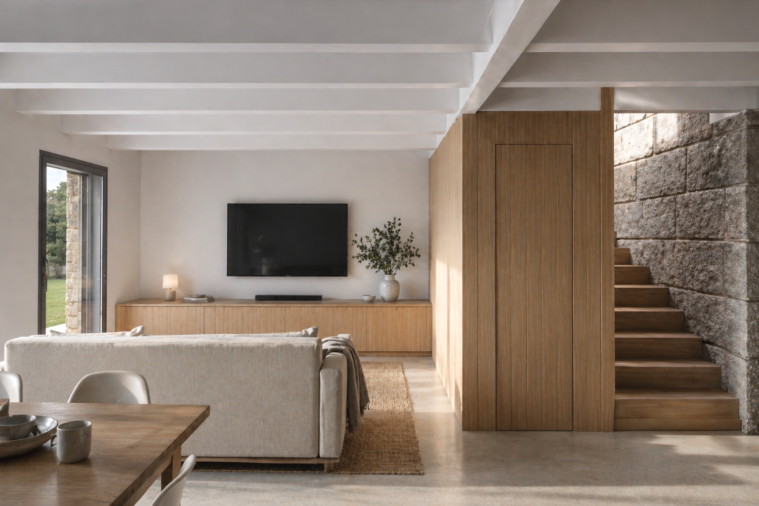 Espacio interior de vivienda rehabilitada en Chandebrito, Nigrán, donde la madera estructural y los acabados cálidos definen un ambiente contemporáneo en diálogo con los muros de piedra originales.