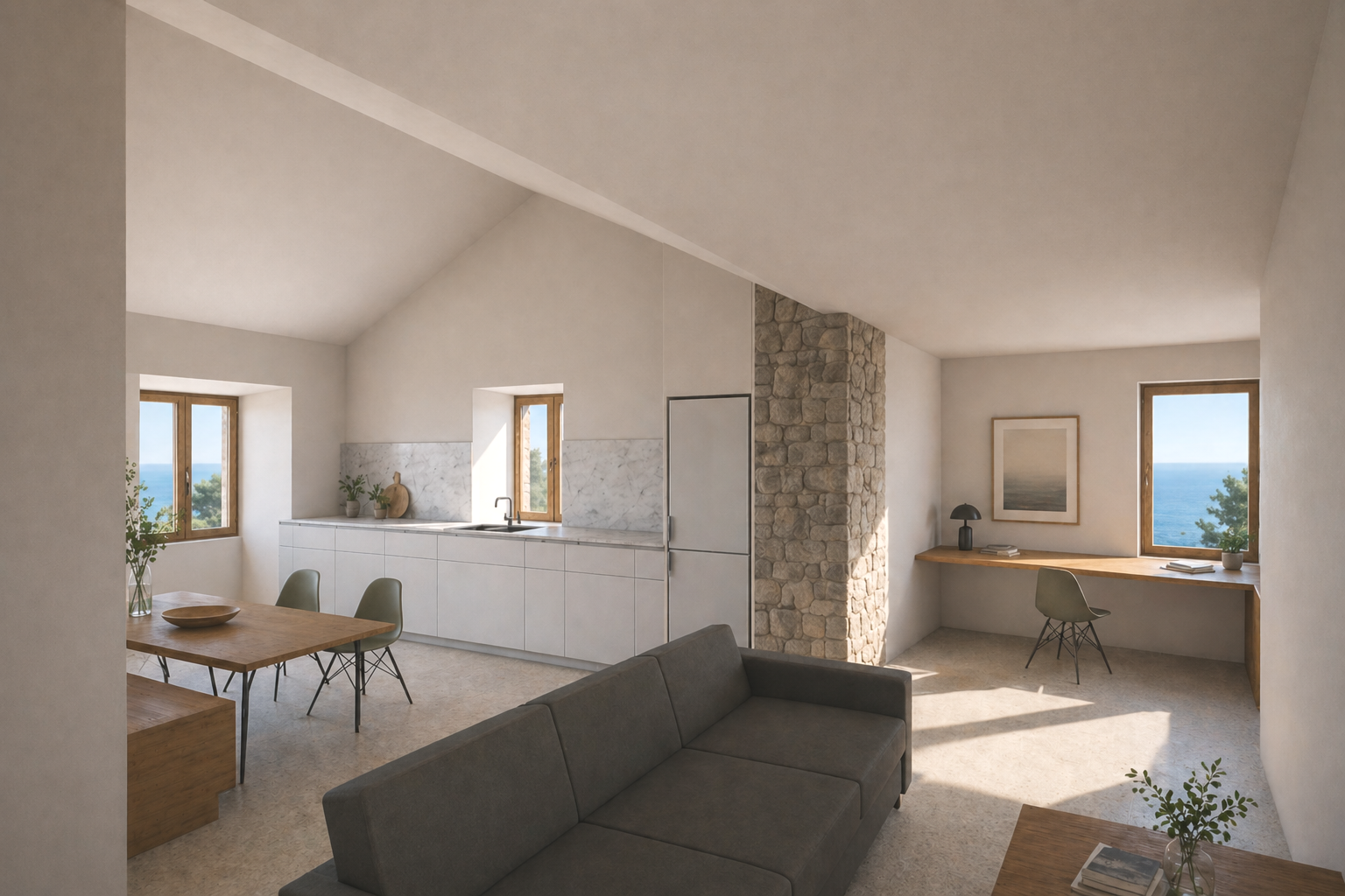 Espacio interior de vivienda rehabilitada en Pedornes (Oia), que combina muros de piedra tradicionales con una intervención contemporánea, generando un ambiente luminoso y adaptado a nuevas formas de habitar.