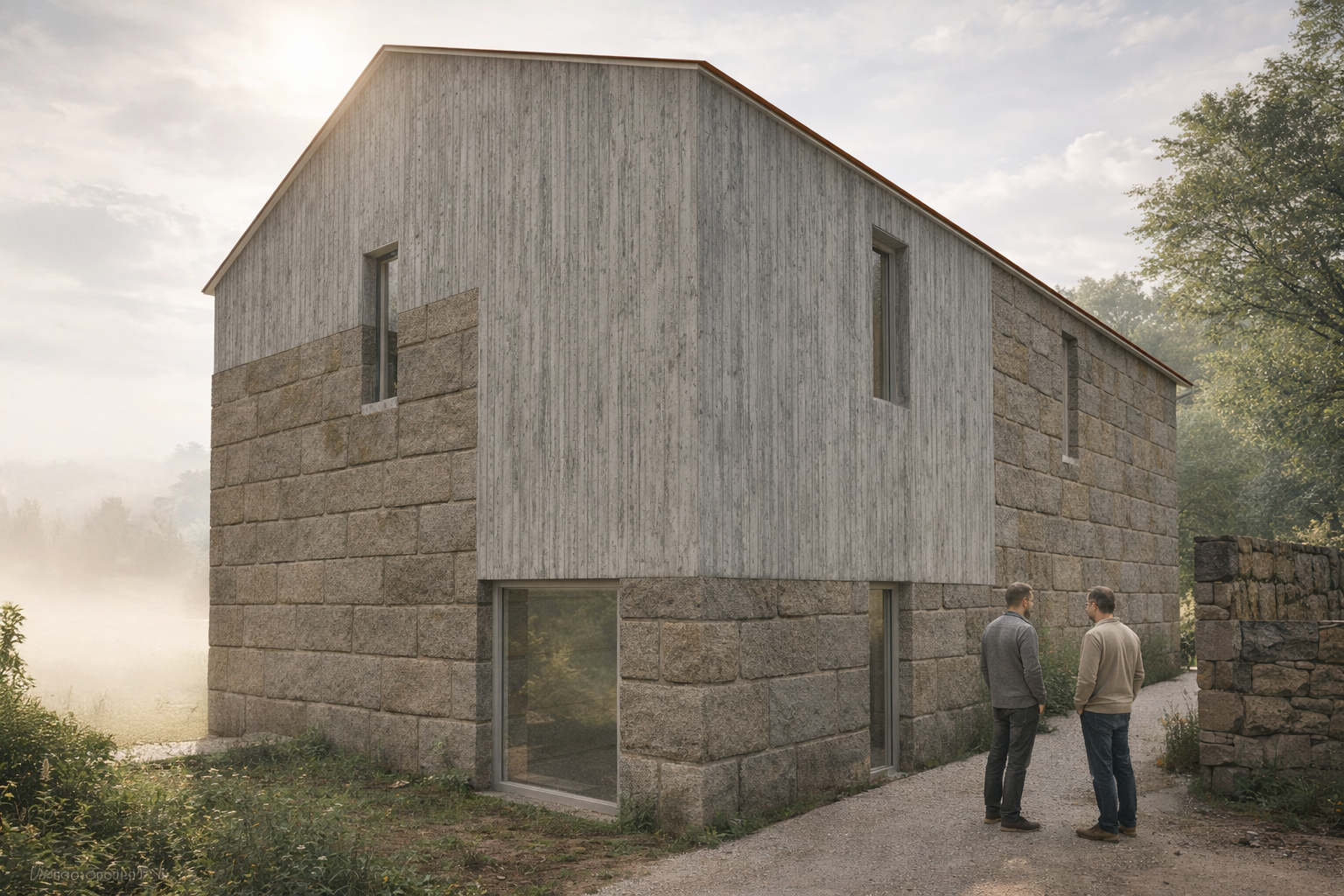 Vista posterior de vivienda unifamiliar rehabilitada en Nigrán (Galicia), destacando la diferenciación material entre la base de piedra existente y la ampliación superior en madera, integrada en el entorno rural.