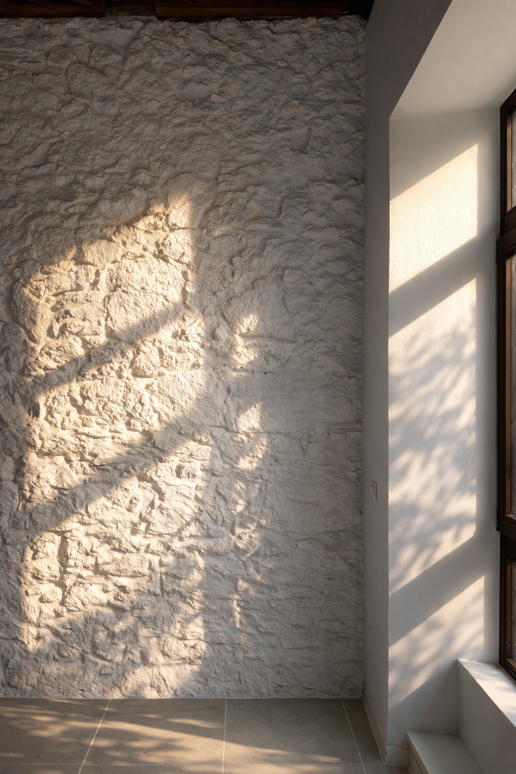 Juego de luces y sombras sobre muros originales en la Escuela Unitaria de San Lorenzo (Pontevedra), ejemplo de rehabilitación arquitectónica que respeta materiales tradicionales y técnicas locales.