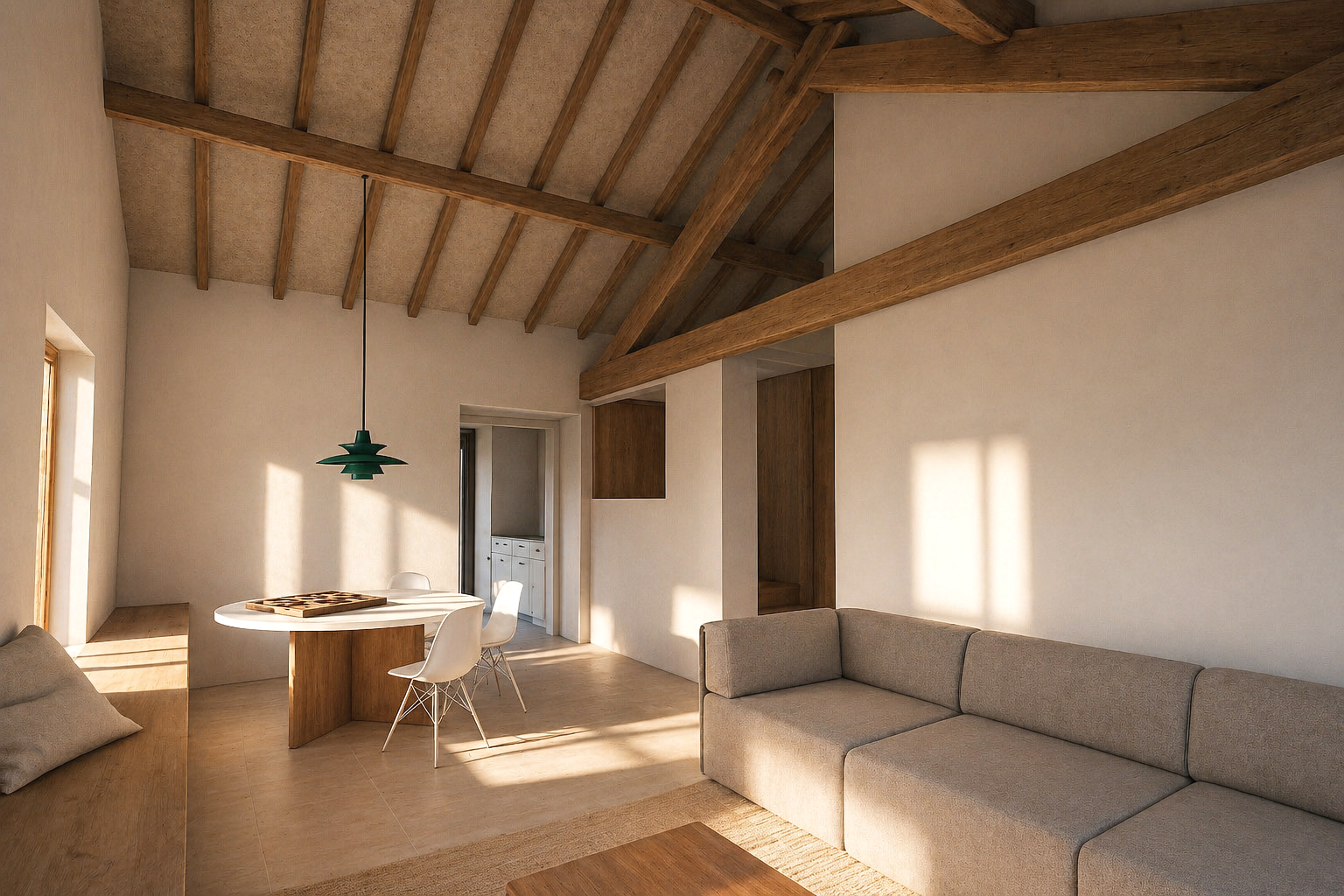 Espacio interior de vivienda rehabilitada en A Guarda (Pontevedra, Galicia), donde la arquitectura en madera y la cubierta inclinada vista definen un ambiente cálido y contemporáneo propio de la rehabilitación residencial.
