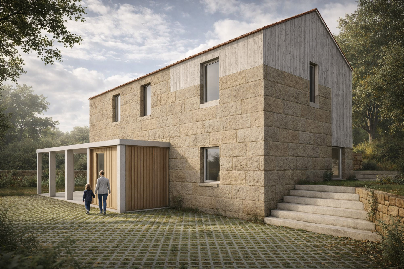 Fachada lateral de vivienda en Chandebrito tras su rehabilitación, donde se combina la arquitectura tradicional en piedra con una intervención contemporánea en madera en el volumen superior.