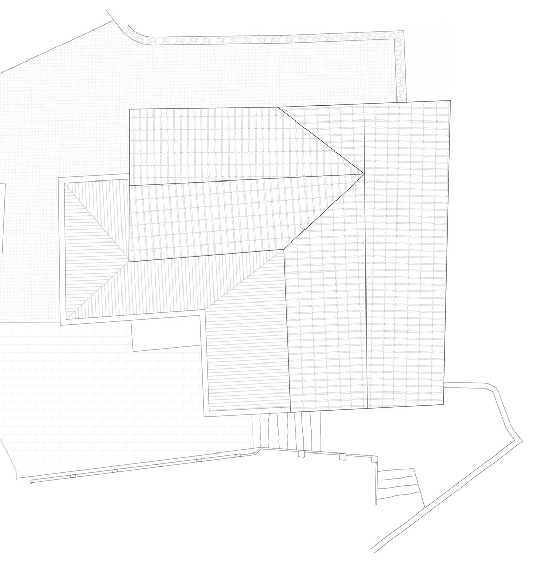 Plano de cubierta de vivienda tradicional rehabilitada en Pedornes, Oia (Galicia), que refleja la adaptación de la edificación a la topografía rural y la conservación de su volumetría original en un proyecto de rehabilitación integral.